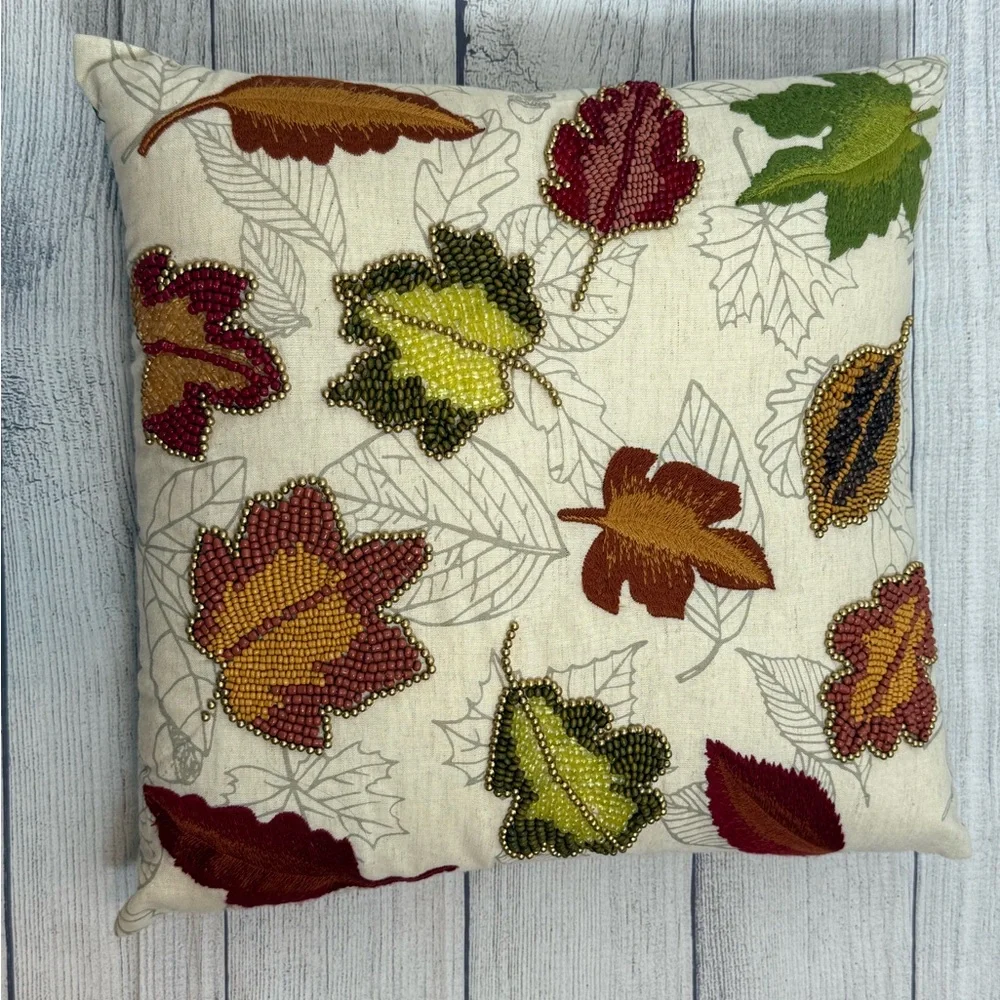 Pier 1 Beaded Autumn Leaves Decorative Throw Pillow 16” Fall Harvest